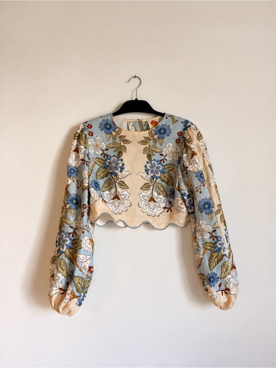 FARM Rio Tops - Farm Rio Garden Scarf Blue Linen Cropped Blouse Size XS
